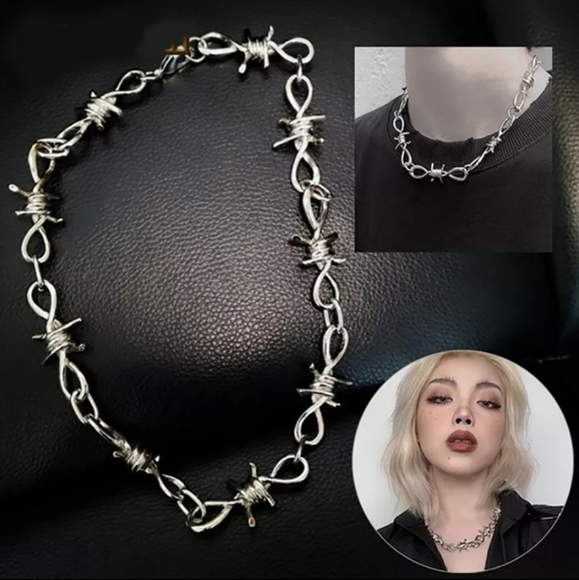 🔥Chunky Barbed Wire Choker Necklace Grunge Hip-hop Hot Silver Chain Heavy Edgy - Picture 2 of 5
